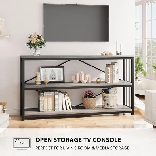 Miniatura 9 de LVB Mesa Consola Industrial de Granja, Mesas de Sofá de Entrada de Metal y Madera con Almacenamiento, Mesa de Entrada Rústica Larga de 3 Niveles