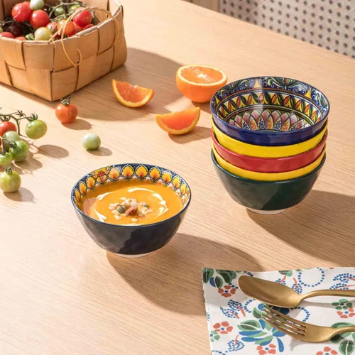 Miniatura 4 de Henten Home Juego de 6 cuencos pequeños para postre, juego de cuencos de arroz de cerámica de 12 onzas, cuencos coloridos de porcelana para Bohemio