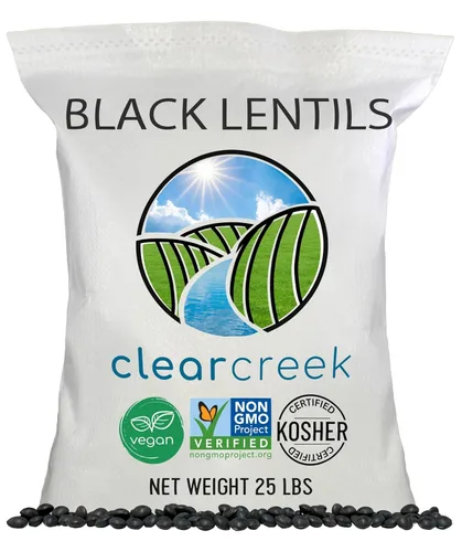 CLEAR CREEK Lentejas Negras | Lentejas Caviar o Beluga | 25 libras | Proyecto Verificado Sin OGM | Kosher | Vegano | Sin Irradiar