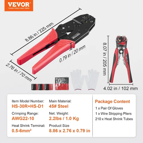 Miniatura 7 de VEVOR Herramienta de prensado para conectores eléctricos aislados AWG22-10 Engarzadora de terminales de nailon y termorretráctil, alicates