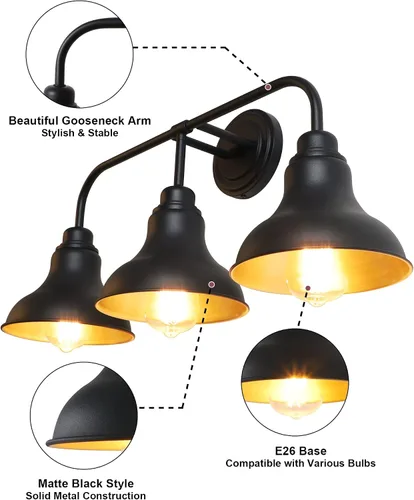 Miniatura 3 de Lámparas de tocador de baño de granja de 25 pulgadas, lámparas de baño de 3 luces sobre espejo, apliques rústicos de pared con pantalla de metal