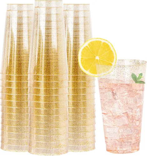 Miniatura 9 de I00000 Paquete de 100 unidades de vasos de plástico dorado de 12 onzas, vasos desechables con borde dorado, vasos de vino desechables y copas