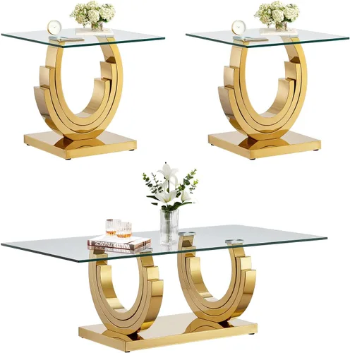 Miniatura 15 de SSLine Mesa auxiliar de cristal de lujo para sala de estar, mesa auxiliar moderna dorada con base de pedestal de acero inoxidable en forma de flor