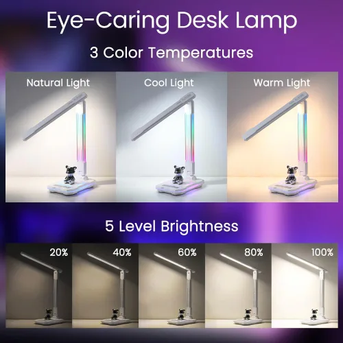 Miniatura 6 de WILIT Lámpara de escritorio para dormitorio universitario, luz de escritorio RGB para juegos con carga inalámbrica y puerto USB, lámpara de jugador