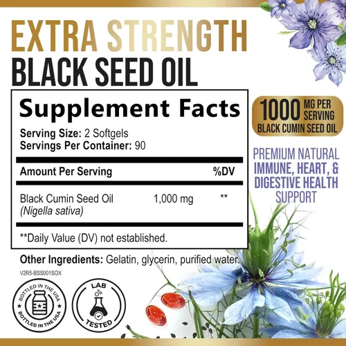Miniatura 2 de Cápsulas de aceite de semilla de comino negro de 1000 mg por porción, semillas negras de Nigella sativa premium, aceite de semilla negra natural