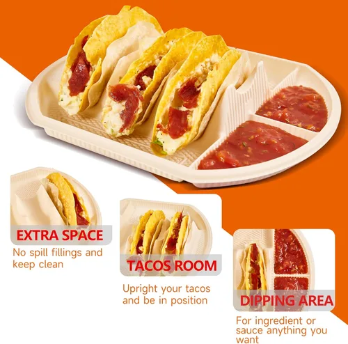 Miniatura 5 de 24 soportes desechables grandes para tacos para fiestas, platos de almidón de maíz, soporte para 3 tacos, 2 áreas de inmersión, bandejas de fiesta