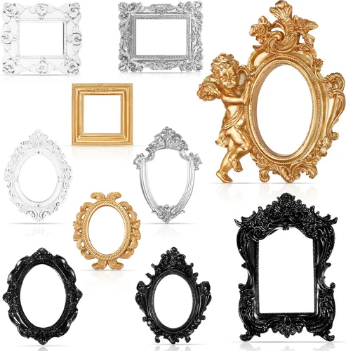 Yulejo Juego de 10 mini marcos dorados vintage, marcos decorativos victorianos barrocos para decoración de pared de galería, exhibición de joyas de