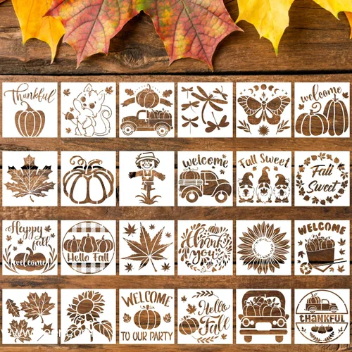 24 plantillas de otoño, plantillas pequeñas de 3 x 3 pulgadas, plantillas de otoño reutilizables para pintar en madera, plantillas de otoño para