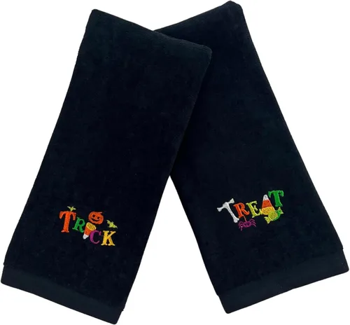Juego de 2 toallas de mano decorativas de Halloween, toallas de algodón de terciopelo de felpa negra con diseño bordado de truco o trato, toallas de