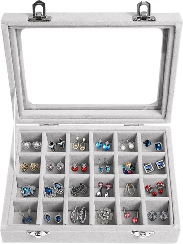 Joyero de terciopelo con 24 rejillas para joyas, caja organizadora de exhibición, bandeja para anillos, estuche de almacenamiento para niñas,