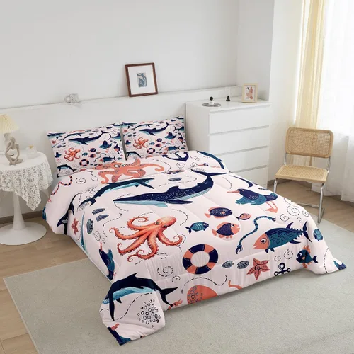 Miniatura 2 de Erosebridal Juego de edredón de animales costeros para niños y niñas, juego de ropa de cama de ballena de dibujos animados, tamaño individual, lindo