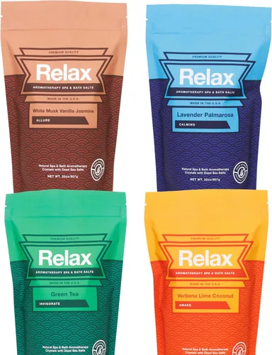 Relax Spa & Bath Paquete variado de sales de baño de aromaterapia para bañera de hidromasaje, baño o spa, cuatro bolsas de 2 libras infundidas con