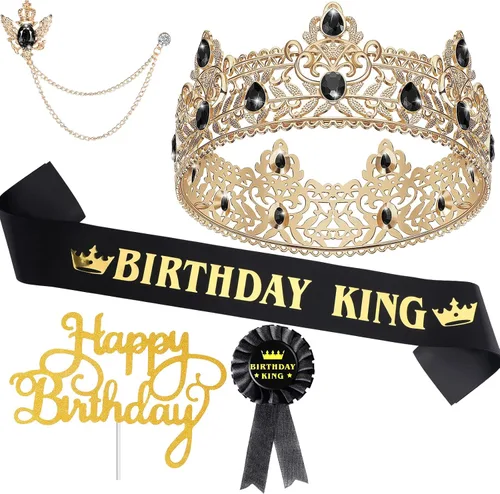 Junkin 5 accesorios de cumpleaños para hombre, incluyen corona de rey con banda de hojalata, broche de cadena colgante para fiesta de cumpleaños de