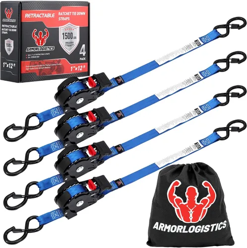 Miniatura 9 de Correas de trinquete retráctiles, paquete de 4, correas de amarre autorretráctiles de resistencia a la rotura de 1500 libras, correas de trinquete