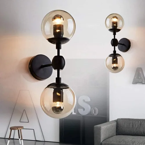 Miniatura 7 de Modo Lighting Industrial Wall Sconce Lighting Black Wall lamp 2 Lights Mid-Century Vanity Light Fixture with Globe Glass Shade for Bedroom Study