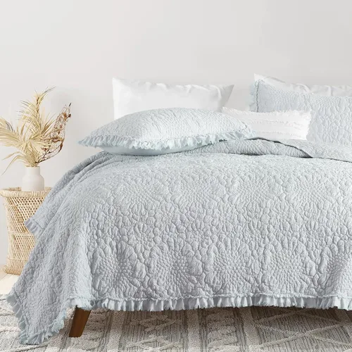 Miniatura 19 de HORIMOTE HOME Edredón beige con volantes, tamaño individual, microfibra lavada a la piedra, ligera, arrugada, rústica, desgastada, elegante, 2