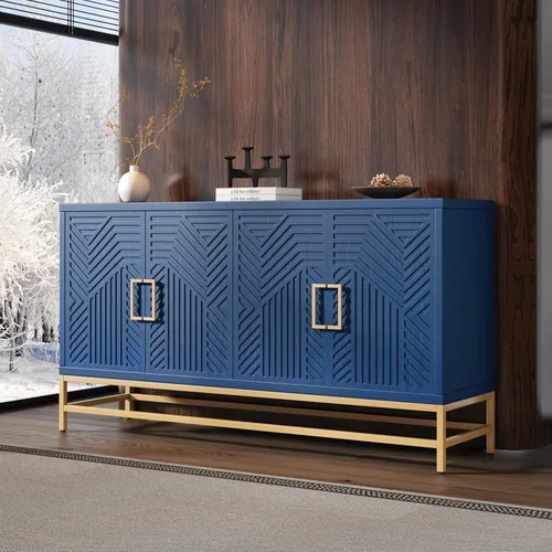 Miniatura 7 de Virubi Armario de buffet acanalado de 63 pulgadas con almacenamiento, puertas y estantes ajustables, mesa consola curva de madera con Azul marino
