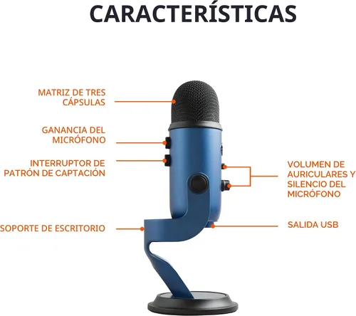 Miniatura 6 de Logitech Creators Blue Yeti - Micrófono USB para juegos, transmisión, podcast, YouTube, Discord, PC, sonido de estudio, Plug & Play, azul medianoche