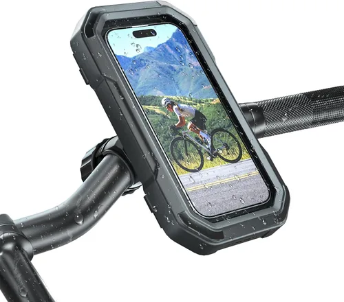 KDD Soporte impermeable para teléfono de bicicleta, soporte de teléfono de motocicleta de rotación 360, diseño sensible al tacto totalmente cerrado,