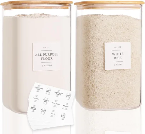 Miniatura 11 de Paquete de 2 recipientes cuadrados de vidrio para harina y azúcar con 132 etiquetas de despensa de cocina - Tarros de almacenamiento de vidrio