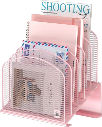 Miniatura 16 de Delifox Organizador de escritorio inclinado, soporte de archivos de 5 secciones con bandeja vertical para carpetas, estante de metal clasificador