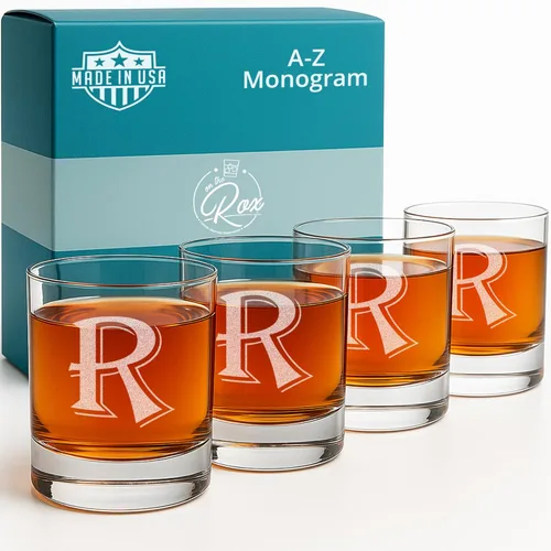 Miniatura 20 de On The Rox Drinks Juego de 4 vasos de vidrio grabados con monograma B, 11 onzas