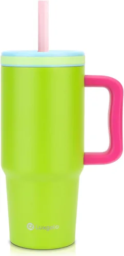 Miniatura 9 de Taza para niños de 24 onzas con asa, tapa de rosca a prueba de fugas con pajita de silicona extraíble, a prueba de derrames, botella aislada