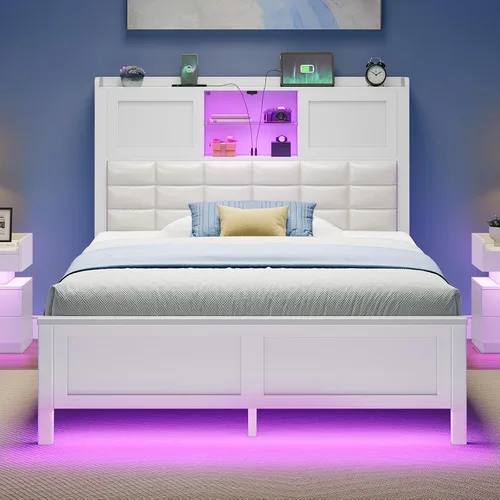 Miniatura 11 de Rolanstar Armazón de Cama Tamaño Twin con Estación de Carga, Cama con Cabecera Estantería con Luz LED y Puertas Corredizas, Cama de Plataforma