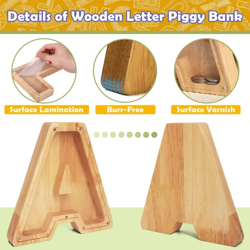 Miniatura 5 de Alcancía de Madera Personalizada con Letras del Alfabeto, Banco de Monedas con Letras del Alfabeto para Niños, Niñas y Bebés, Tamaño Grande, 26
