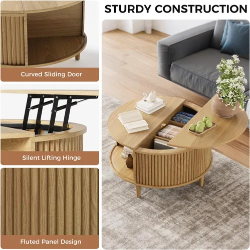 Miniatura 4 de Mesa auxiliar con tapa elevable y almacenamiento, mesa central redonda acanalada con puerta de armario deslizante, mesa pequeña circular para sala