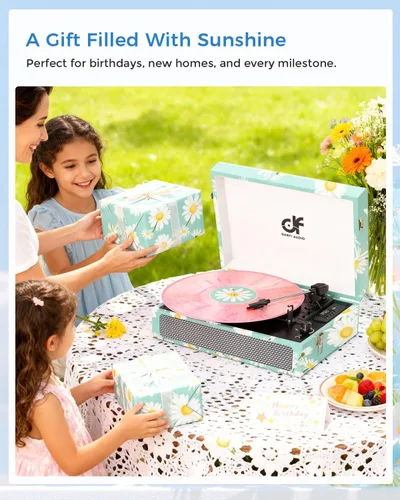 Miniatura 4 de Tocadiscos de vinilo Bluetooth con altavoces integrados, tocadiscos portátil vintage de 3 velocidades con auriculares de grabación USB/conector
