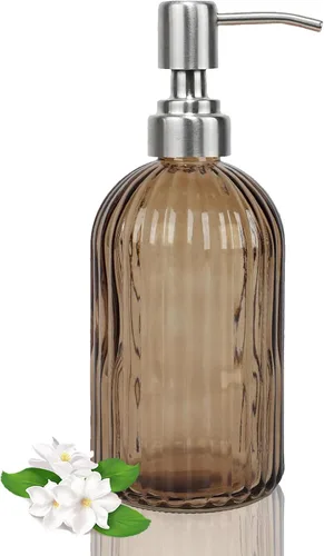 Miniatura 23 de Dispensador de jabón verde de 14 onzas para baño, paquete de 2, dispensadores de jabón de manos de vidrio transparente con bomba de acero