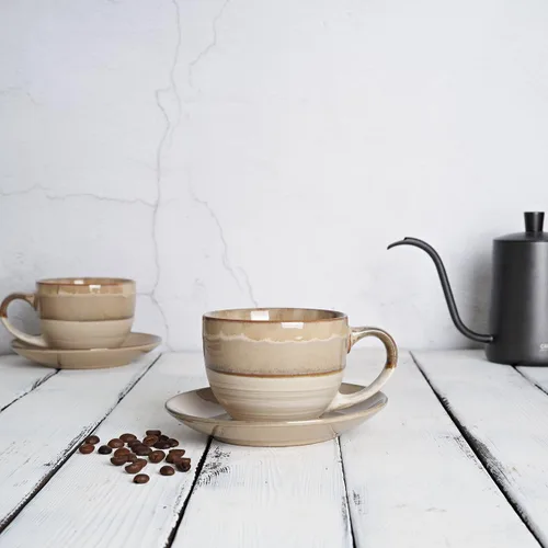 Miniatura 4 de Bosmarlin Juego de 2 tazas y platillo de cerámica para capuchino, 10 onzas, tazas de café para café con leche, expreso, té, lavavajillas y Marrón