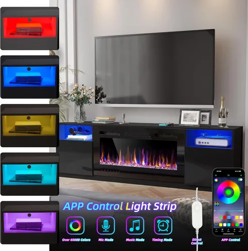 Miniatura 3 de Spurgehom Soporte de TV con chimenea de 70 pulgadas para televisores de hasta 80 pulgadas con chimenea eléctrica de 36 pulgadas, consola de TV