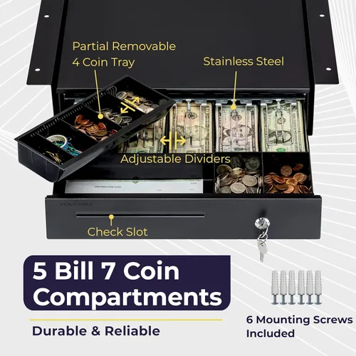 Miniatura 3 de Volcora Cajón de caja registradora con soporte de metal de montaje debajo del mostrador, cajón de efectivo negro de 16 pulgadas para POS, bandeja