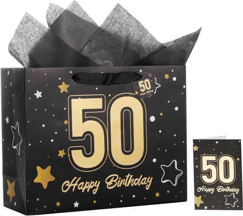 Miniatura 45 de Powbrace Bolsa de regalo de cumpleaños negra con papel de seda y tarjeta de felicitación, 13 x 10.2 x 4.9 pies, mediana