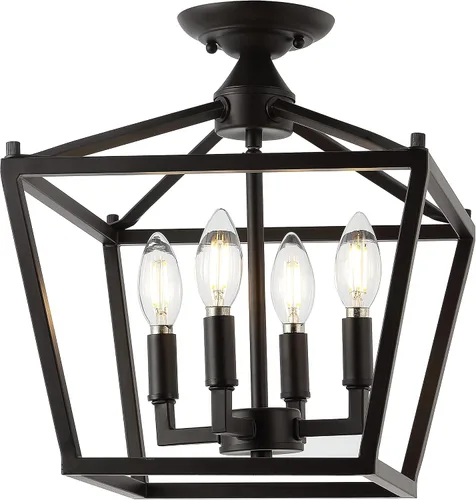 Miniatura 14 de JONATHAN Y Plains 12" Dark Green and Brass Gold 4-Light Iron Semi Flush Mount Lantern, Modern Farmhouse Open-Frame Pagoda with Metal Cage for