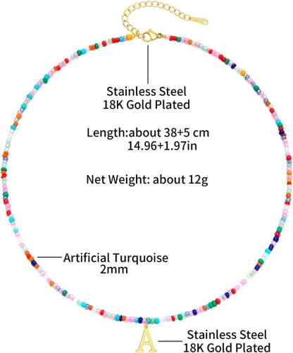 Miniatura 5 de Collares con iniciales de cuentas coloridas para niñas, adolescentes, regalos hechos a mano, personalizados, de acero inoxidable chapado en oro