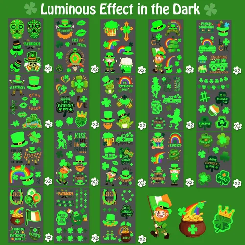 Miniatura 3 de 36 hojas de tatuajes temporales luminosos del día de San Patricio para mujeres, hombres y niños, trébol verde para el día de San Patricio tatuajes