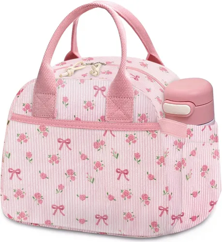 Miniatura 17 de Carry bloom Lonchera para mujer, lonchera aislada, bonita lonchera de pana reutilizable para el trabajo (1 rayas blancas y negras)