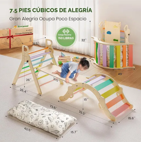 Miniatura 4 de BlueWood Set de Triángulo Pikler con Cojín, Juguetes de Escalada 8-en-1 para Niños Pequeños, Gimnasio de Juegos con Filosofía Montessori con Arco