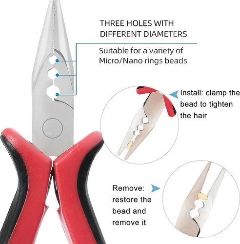 Miniatura 2 de Alicates para extensiones de cabello, 3 agujeros para extensiones de cabello con micro nanoanillo, abrey extracción, alicates de punta de aguja