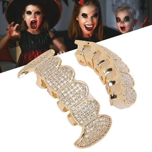 Miniatura 4 de Rejillas de dientes de cobre chapado en frío, oro plateado, dientes de diamante helados para hombres y mujeres rapero traje dientes joyería