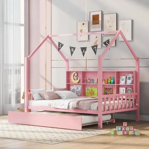 Harper & Bright Designs Cama de casa de tamaño matrimonial con nido, marco de cama matrimonial de madera con compartimento para estantes, cama