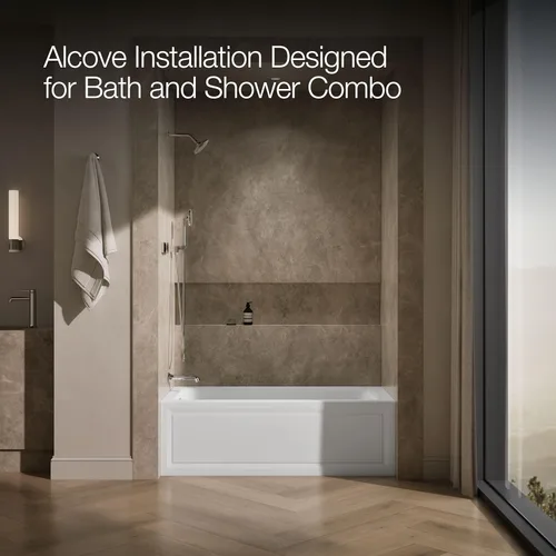 Miniatura 4 de KOHLER K-1947-HLA-0 Archer 60" x 30" Alcove Whirlpool con delantal integral, brida de azulejos, calentador y drenaje izquierdo, blanco