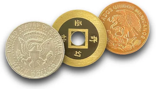 Miniatura 3 de Ted's Sterling Magic Truco de cobre y plata de latón con medio dólar de Estados Unidos, moneda china y centavo mexicano