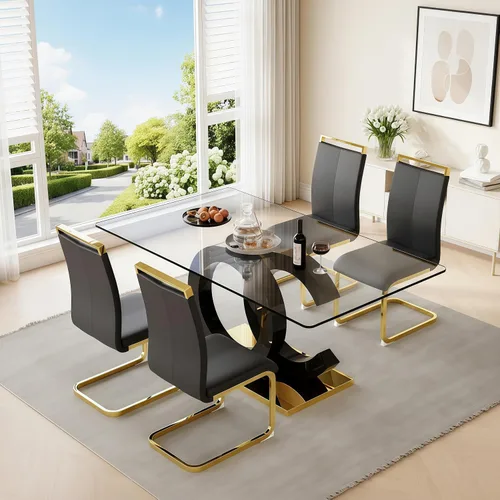 Miniatura 21 de Juego de mesa de comedor de cristal de 63 pulgadas para 6, juego de mesa de comedor moderno para 6, mesa de vidrio templado con patas negras