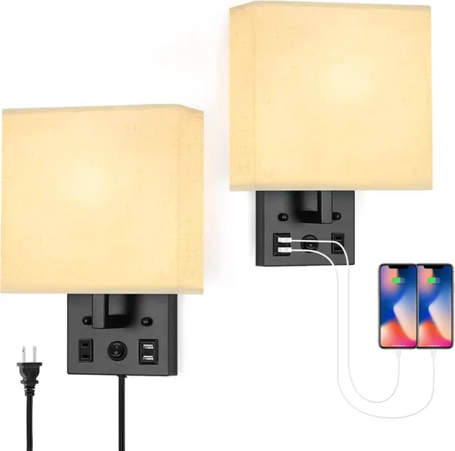 Juego de 2 apliques de pared negros para dormitorio, aplique de pared enchufable con puertos USB y tomas, lámpara de pared moderna para espejo,