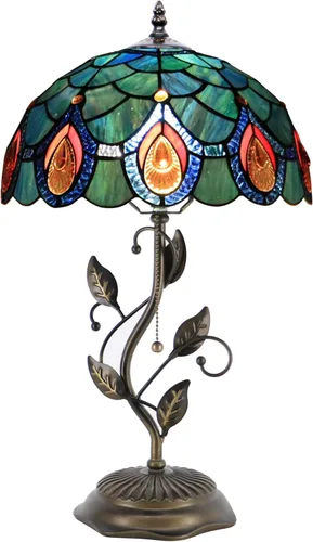 Miniatura 9 de Lámpara de mesa Tiffany, lámpara de escritorio estilo vidrio manchado, 12X12X19 Pulgadas, luz de lectura de mesita, base de hoja de metal