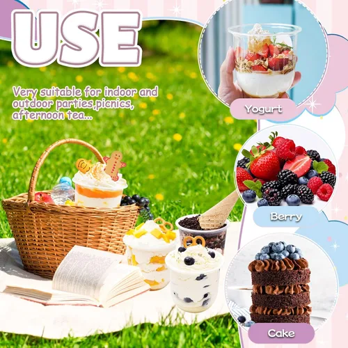 Miniatura 5 de Panxxsen Paquete de 100 vasos de plástico transparente de 12 onzas con tapas de cúpula, tazas de yogur Parfait con cucharas, taza de plástico sin
